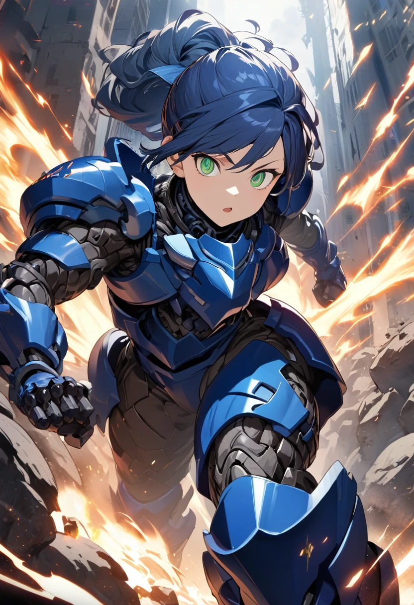 anime, High resolution, Woman close up ((Ponytail Hair)) and (((the most beautiful Green eyes))) , (((Blue Armor))), (((fighting pose)), 8k, Octane Rendering,Schloop, Severe, blast, trend on pixiv, masterpiece, Cat face, Ready your gun?, Detailed face, smooth , big dreamy eyes, beautiful hair, Symmetric, anime wide eyes, Concept Art, High resolution