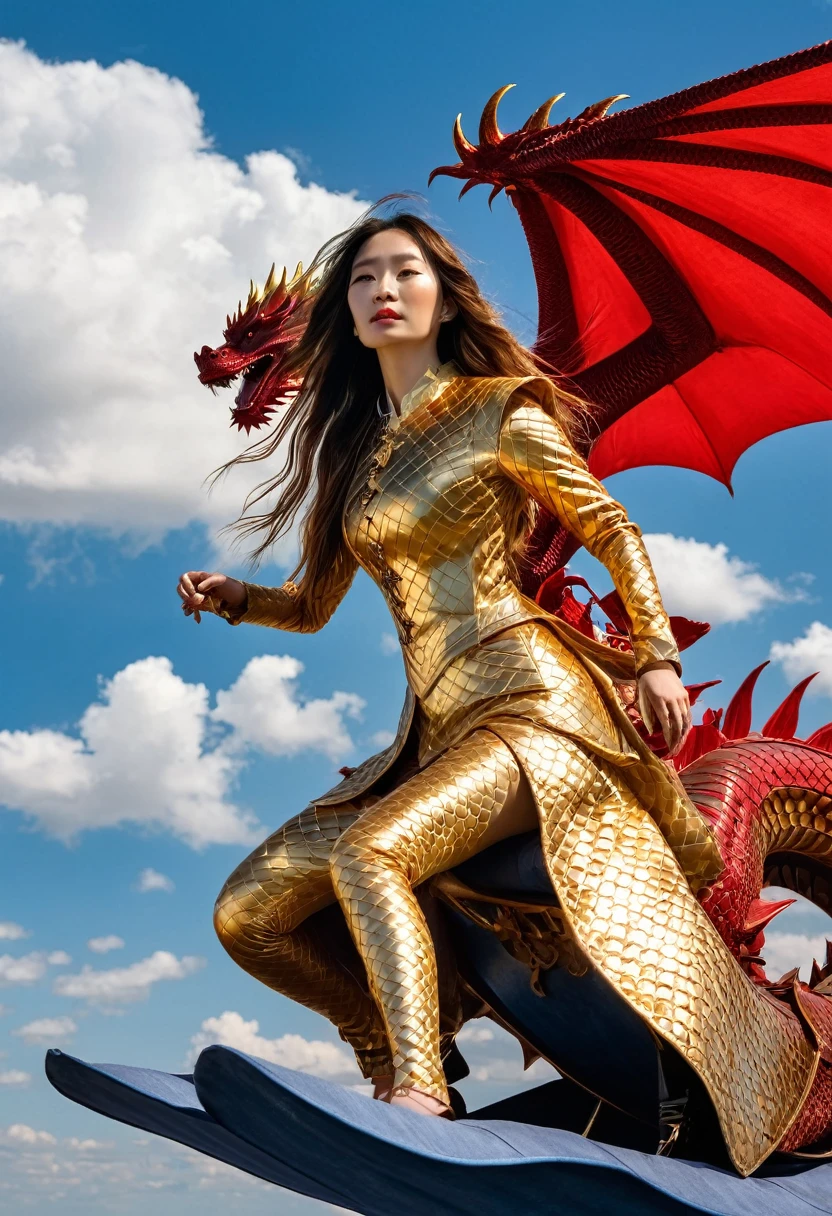Long-haired woman wearing an iron-clad dress(gold color) riding a red dragon in the sky below are clouds(Indigo) Behind there is sunlight.