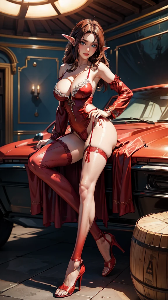 (best quality). (Ultra Detalhado). (1girl), Olhando para o Viewer. (Antecedentes detalhados). belos olhos detalhados. rosto delicado e bonito. (high saturation), seios grandes, droopy breasts, (((sexy date red lingerie outfit))), (((sexy cleavage))), (((sexy legs))), (((heels))),.detailed eyes, detaield hands, detailed face, elf woman, full body