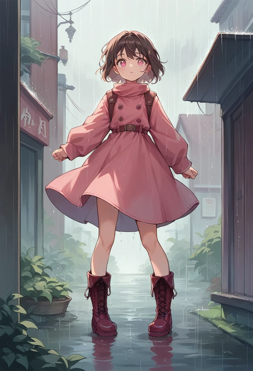 Anime girl pink eyes brown hair pink dress and red rain boots