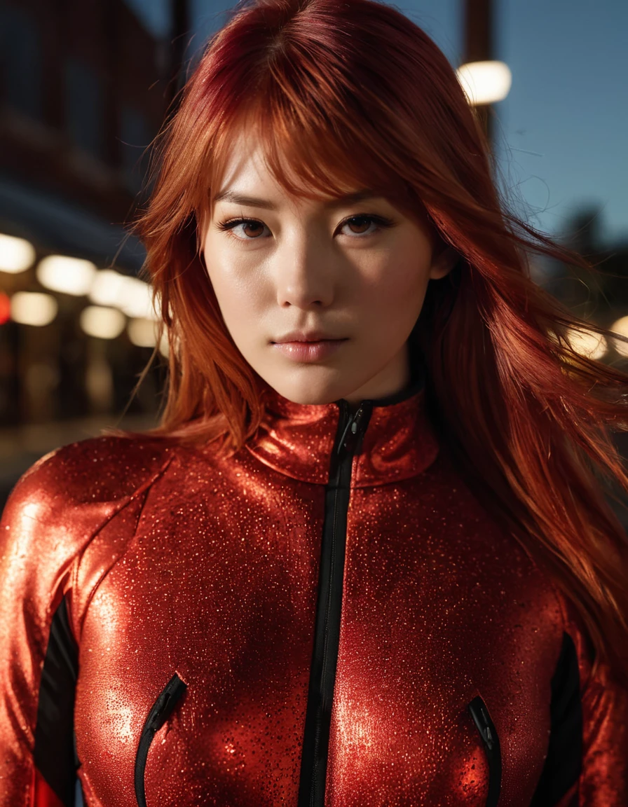 A photorealistic portrait of Asuka Langley Soryu, beautifully detailed eyes, beautiful detailed lips, extremely detailed face and features, long eyelashes, red hair, red plugsuit, confident expression, detailed background, cinematic lighting, highly detailed, 8k, photorealistic, photo-realistic, masterpiece, hyper-detailed, volumetric lighting, dynamic pose, dramatic lighting, intricate details, vibrant colors, realistic skin textures