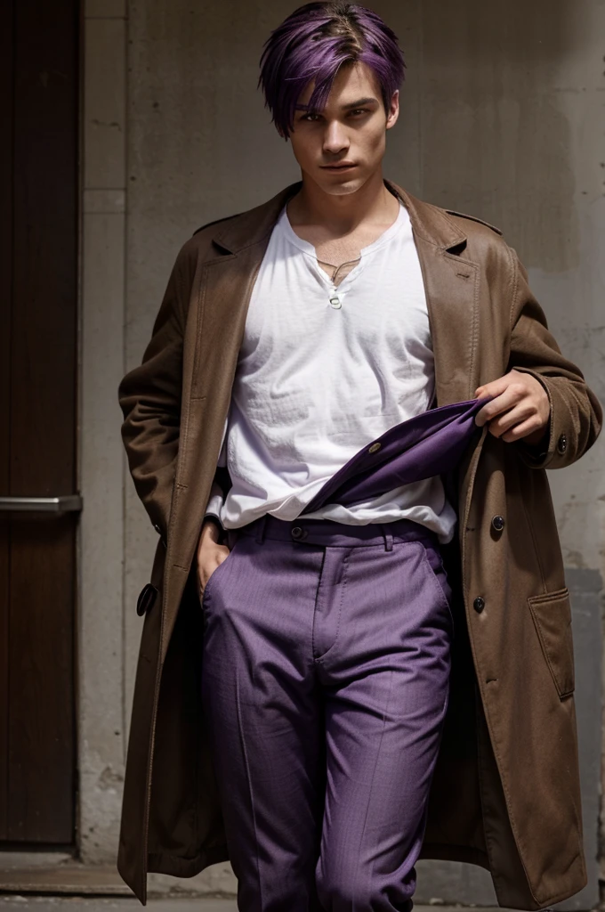 Draw a drawing of a man between 18 and 20 years old, purple hair, look deep, thin face, bangs thrown across the forehead, with brown eyes, scar on left eye, wearing a mediaval outfit that was brown boots, a pair of brown pants, a purple overcoat and inside the overcoat he wears white clothing. He has a serious and melancholic look.