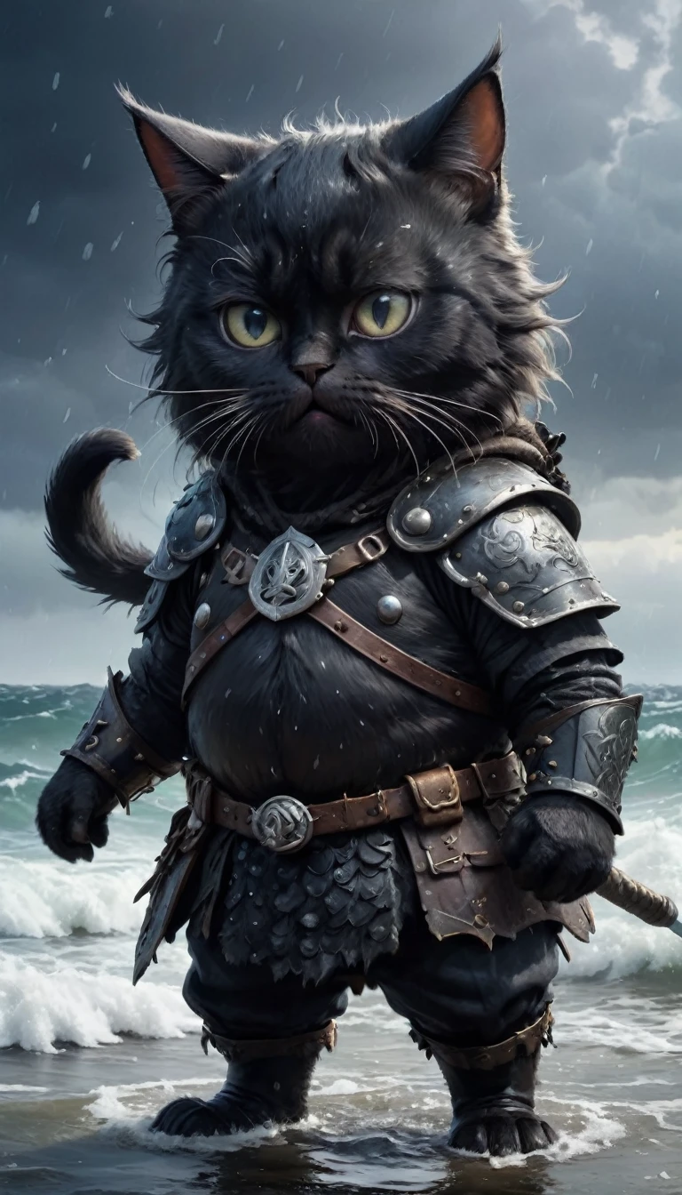 Crying face、tears、small, かわいいto be bornき物, Wearing black Viking armor、 whole body,small , Are standing, Costume, Stormy Sea、 Fantasy art, Exquisite detail, Jean-Baptiste Monge Style, office、Alan Lee Style, Anthropomorphic, Fat, A very fat black cat with big eyes, Movie Scenes, Dramatic shot angles, , Realistic, to be born々Stunning cinematic photorealism, Action Portrait, 8k, detailed, Full Frame
