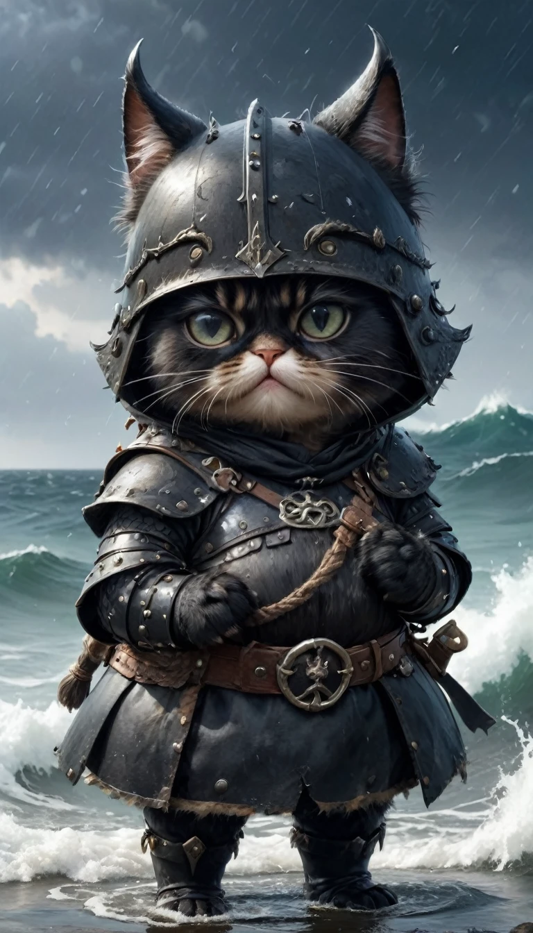 Crying face、tears、small, かわいいto be bornき物, Wearing black Viking armor、 whole body,small , Are standing, Costume, Stormy Sea、 Fantasy art, Exquisite detail, Jean-Baptiste Monge Style, office、Alan Lee Style, Anthropomorphic, Fat, A very fat black cat with big eyes, Movie Scenes, Dramatic shot angles, , Realistic, to be born々Stunning cinematic photorealism, Action Portrait, 8k, detailed, Full Frame
