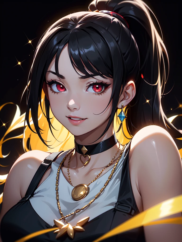 (((Portrait Photo))), She has a Fresh, Youthful 15-Year-Old Appearance, with a Slim, Athletic Build, and a Regal Demeanor. She has Long, Loose Black Hair, Styled in a Slightly Wavy High Ponytail, with Strands Falling Around Her Face. Her Striking Red Eyes Sparkle with Great Energy, Giving Off a Cheerful Expression and Youthful Charm. She is Wearing a Lightweight Culottes in a Pastel Shade, Paired with a Fitted Sleeveless Top, and a Long Chain Necklace for a Chic Day-time Look. (((High Quality, Dark Background))), (((Portrait Photo)))