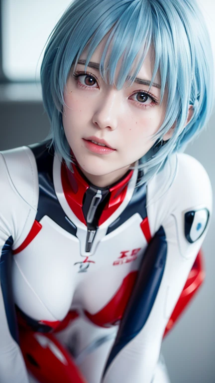 Evangelion、Rei Ayanami、One girl, Ayanami Rei, alone, Red eyes, （（Plug Suit,）） short hair, Blue Hair, chest, Bodysuits,whole body, white Bodysuits, School classroom、 White interface headset, bangs, Mouth closed, A little smile、Hair between the eyes, medium chest, high quality, slow,Moist eyes、Watery eye、Troubled face、Rei Ayanami、Are standing、