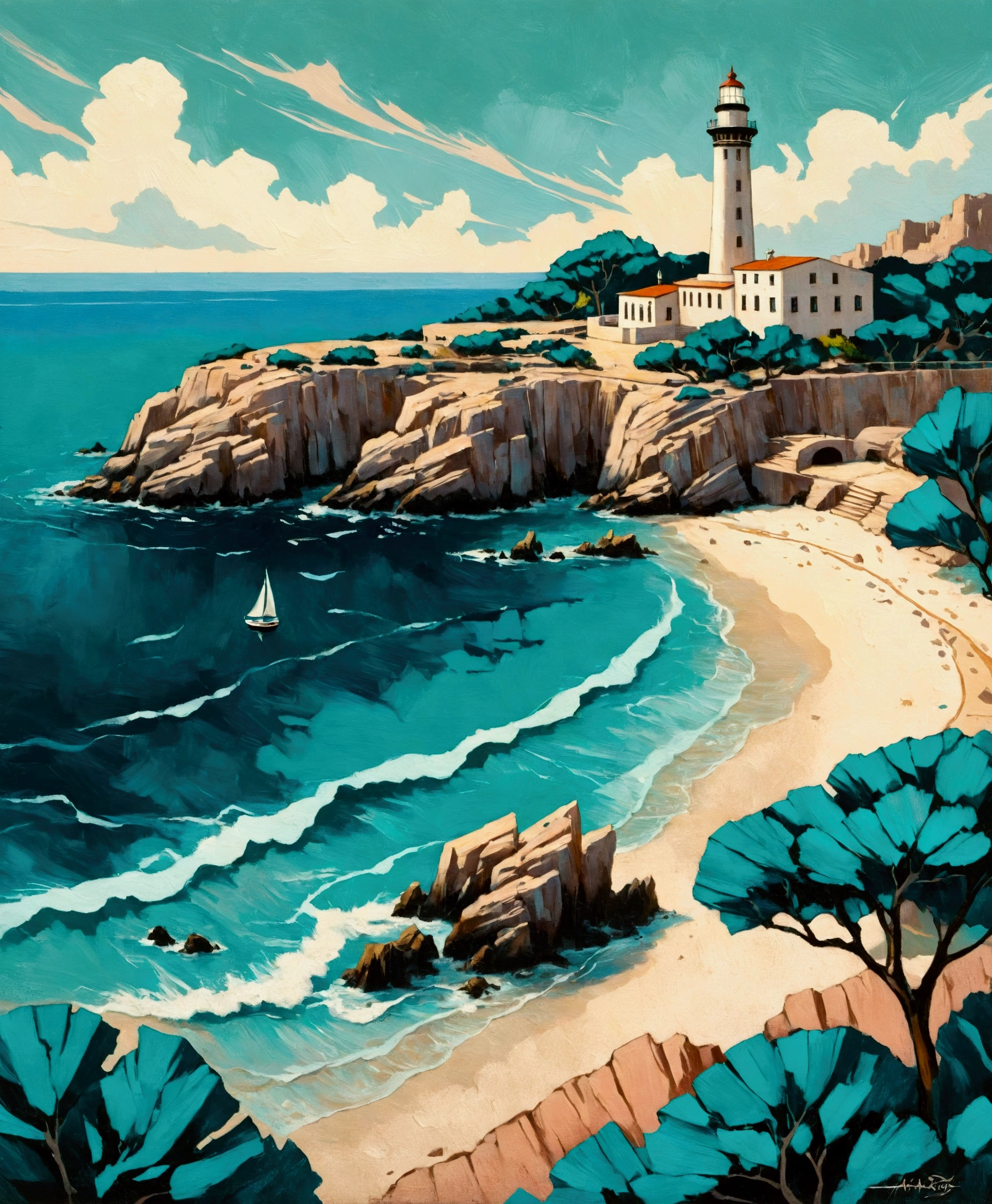 a thick textured oil painting, impasto brushstrokes, dry brushing,revealing underlayers, breathtaking composition, Create an art deco inspired illustration of A scenic lighthouse perched on a rocky coastline, overlooking the turquoise waters of Cala Ratjada. Include vibrant pastel colors, sleek lines, and a retro summer atmosphere. The style should be reminiscent of vintage travel posters with a modern twist,  breathtaking composition, wall art decor