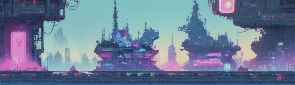 hbyxcj, ficção científica, sem humanos, cenário, cabo, pixel art, futuristic sidescroller game, purple, blue and neon colors, futuristic city in the background with industrial feeling