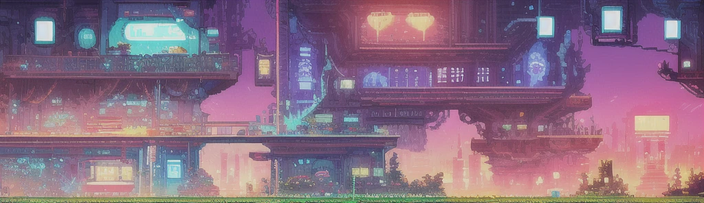 hbyxcj, ficção científica, sem humanos, cenário, cabo, pixel art, futuristic sidescroller game, purple, blue and neon colors, futuristic city in the background with industrial feeling