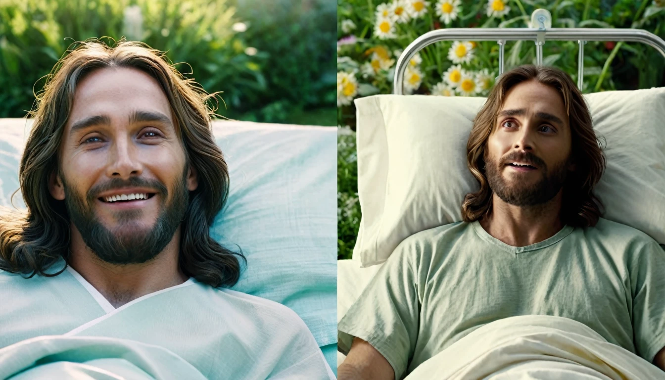 Montage divided into two parts: on the left, a sad person in a hospital bed, looking haggard; on the right, the same person smiling and walking in a sunny garden. In the center, looking from top to bottom, a translucent image of Jesus Christ with a serene and kind face with his hands outstretched over both scenes. Cinematic style, soft colors. Photorealism style, cinematic images, high resolution, 8k