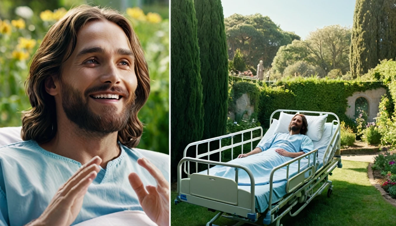 Montage divided into two parts: on the left, a sad person in a hospital bed, looking haggard; on the right, the same person smiling and walking in a sunny garden. In the center, looking from top to bottom, a translucent image of Jesus Christ with a serene and kind face with his hands outstretched over both scenes. Cinematic style, soft colors. Photorealism style, cinematic images, high resolution, 8k