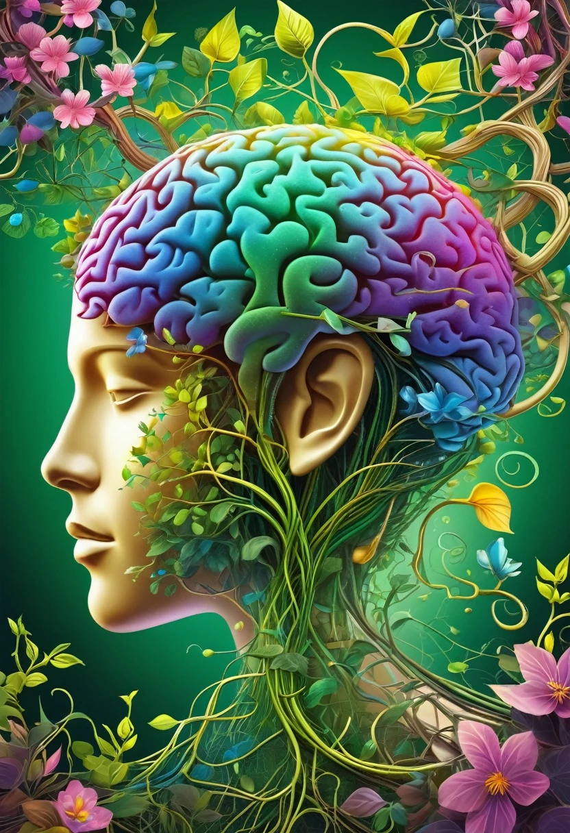 A mesmerizing digital illustration of a human brain with a sunset colour scheme. The brain CONSISTS ENTIRELY OF intricately woven trees, vines, and flowers, which are sprouting from the brain stem, creating a surreal and organic fusion of nature and intelligence. The vines branch out, forming complex neural networks that are translucent and extend into the surroundings. The brain is depicted without bones and skin, purely composed of the vegetation, showcasing the interconnectedness of nature and human cognition. The illustration is rendered with extreme detail, capturing every intricate texture of the trees, vines, and flowers, creating a visually stunning masterpiece. The colors of the illustration are vivid and vibrant, representing growth, life, and harmony. Some flowers bloom in vibrant hues of pink, blue, and yellow, adding pops of color to the overall composition. It is a true masterpiece of digital art. (best quality, ultra-detailed, realistic skin on the face and a gorgeous side portrait