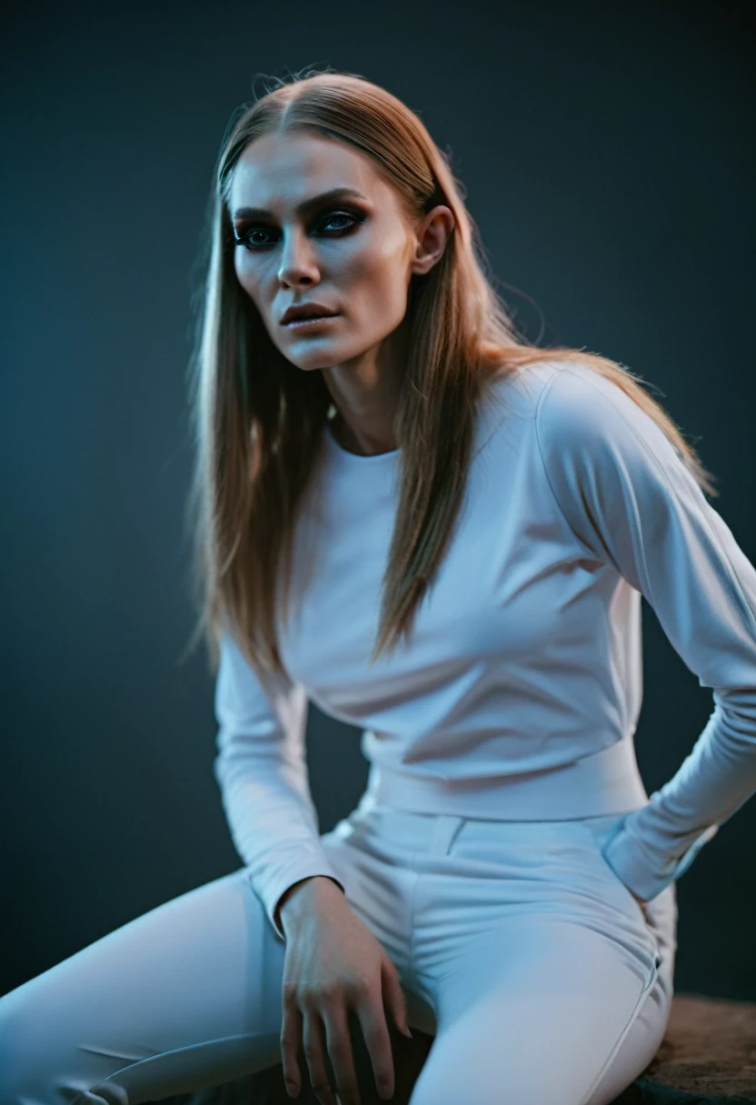 Fashionable of androgynous alien looking witch, glowing eyes, beautiful evil slavic muscular woman, pale skin, long hair, futuristic design, minimal details, givenchy, photoreal, 200mm, hd, f/ 2.0, highly detailed, surreal, sitting, light smile, simple white stylish clothes, a slight smiledrop dead, in the style of red and blue, (intricate details, hyperdetailed:1.15) (skin texture:1.2), cinematic, professional, 4k, (((dynamic model pose))), sitting, full body, mesmerizing, dynamic, dramatic, dynamic pose, highly detailed skin with hair, subcutaneous veins, light and shadow play, highly detailed,24mm photograph, film, bokeh, professional, 4k,