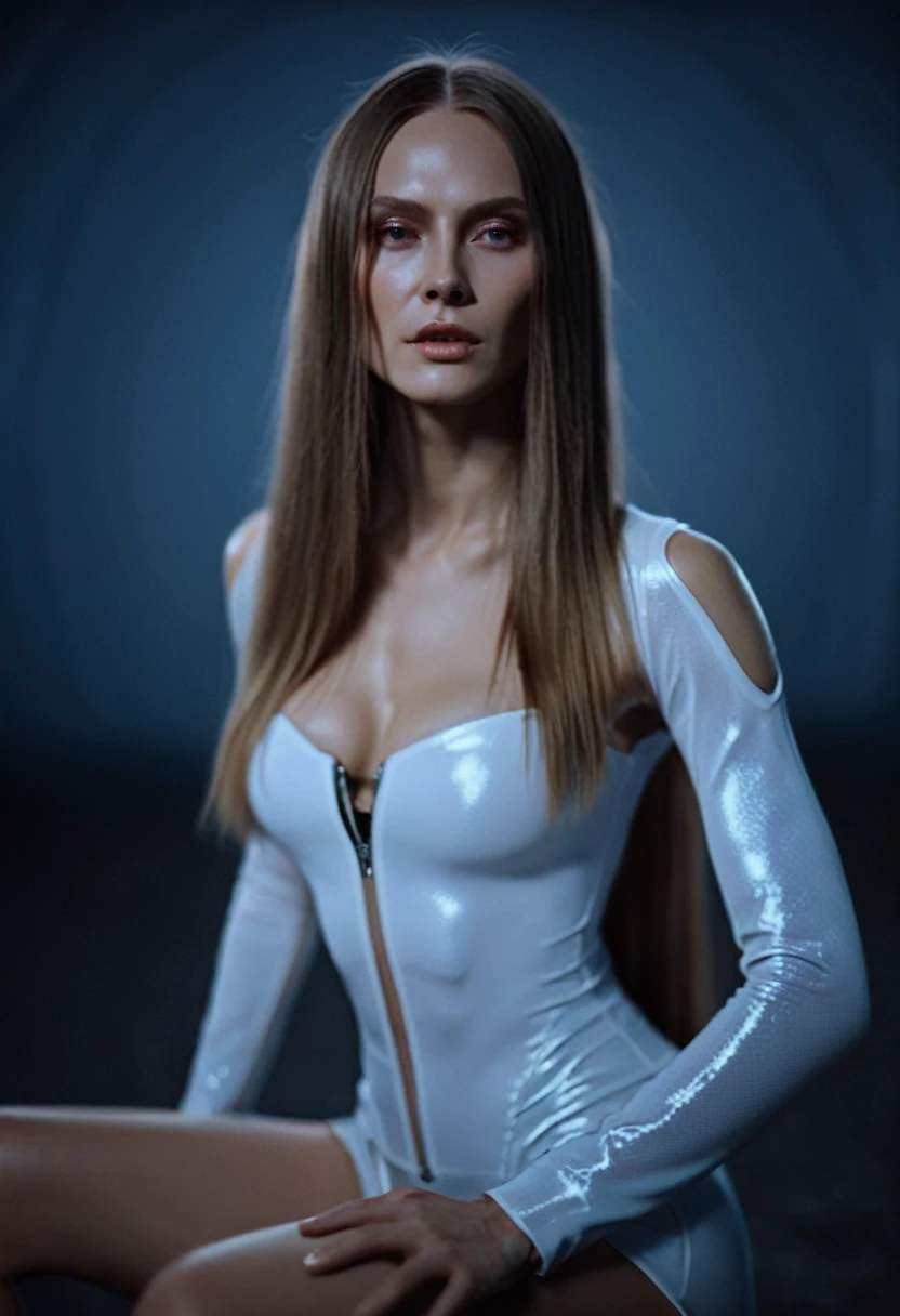 Fashionable of androgynous alien looking witch, glowing eyes, beautiful evil slavic muscular woman, pale skin, long hair, futuristic design, minimal details, givenchy, photoreal, 200mm, hd, f/ 2.0, highly detailed, surreal, sitting, light smile, simple white stylish clothes, a slight smiledrop dead, in the style of red and blue, (intricate details, hyperdetailed:1.15) (skin texture:1.2), cinematic, professional, 4k, (((dynamic model pose))), sitting, full body, mesmerizing, dynamic, dramatic, dynamic pose, highly detailed skin with hair, subcutaneous veins, light and shadow play, highly detailed,24mm photograph, film, bokeh, professional, 4k,