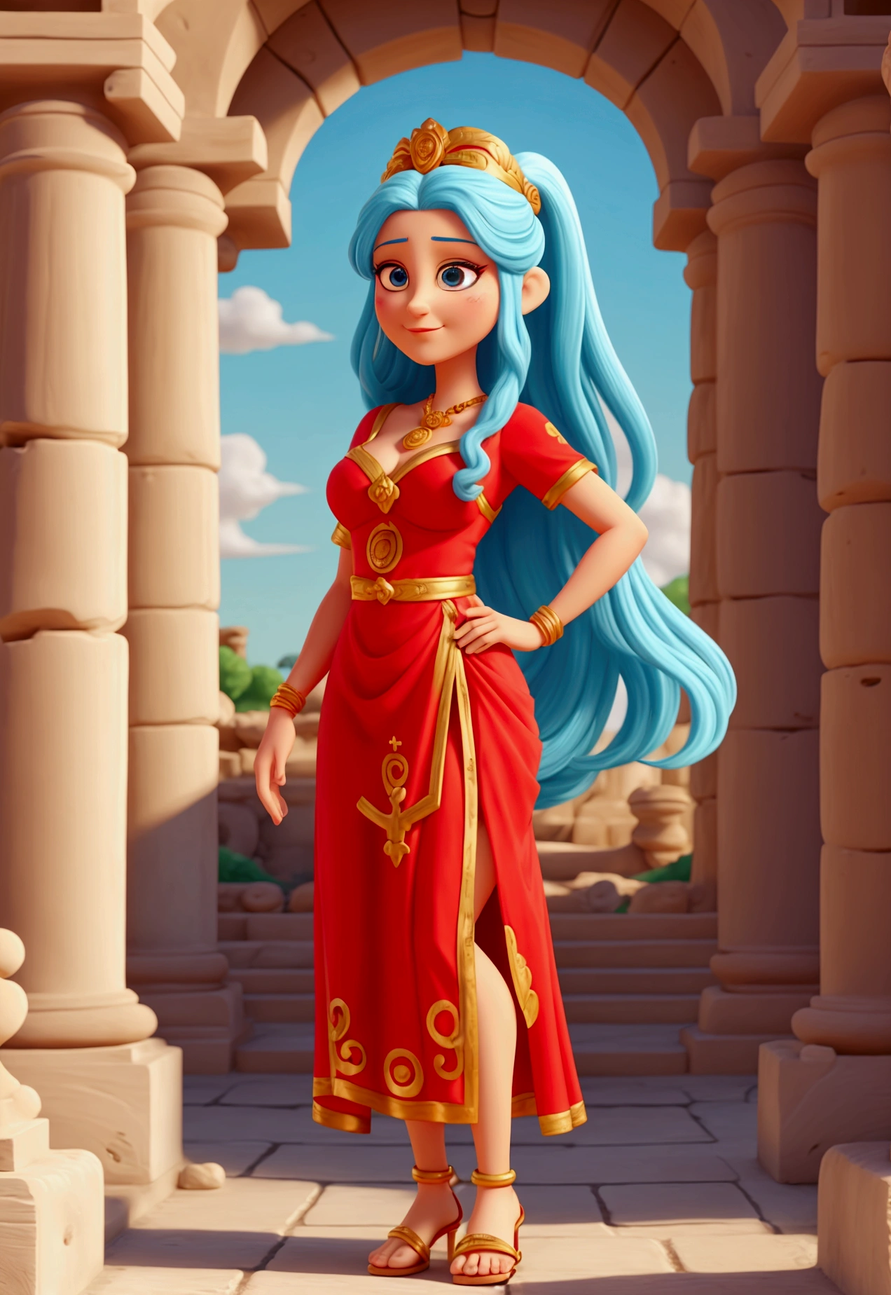 Cartoon character of a woman, A GREEK GODDESS, She is the Goddess of creativity, deusa Teka, she has long white hair, wear a red dress, azul e amarelo. In your hands paint brushes, She's in a Greek ruin, by your side your faithful mascot Beto