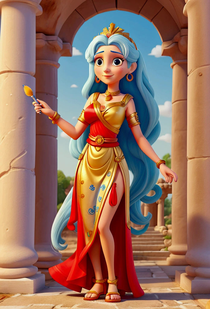 Cartoon character of a woman, A GREEK GODDESS, She is the Goddess of creativity, deusa Teka, she has long white hair, wear a red dress, azul e amarelo. In your hands paint brushes, She's in a Greek ruin, by your side your faithful mascot Beto