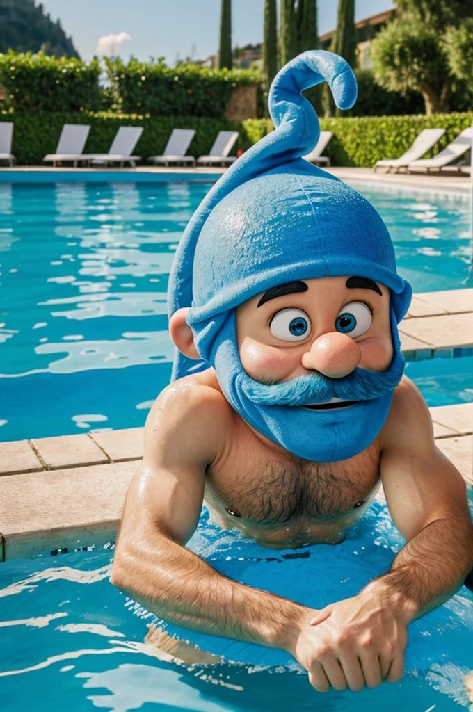 Hairy and slightly limp Smurf in a swimming pool in Italy in cartoon version