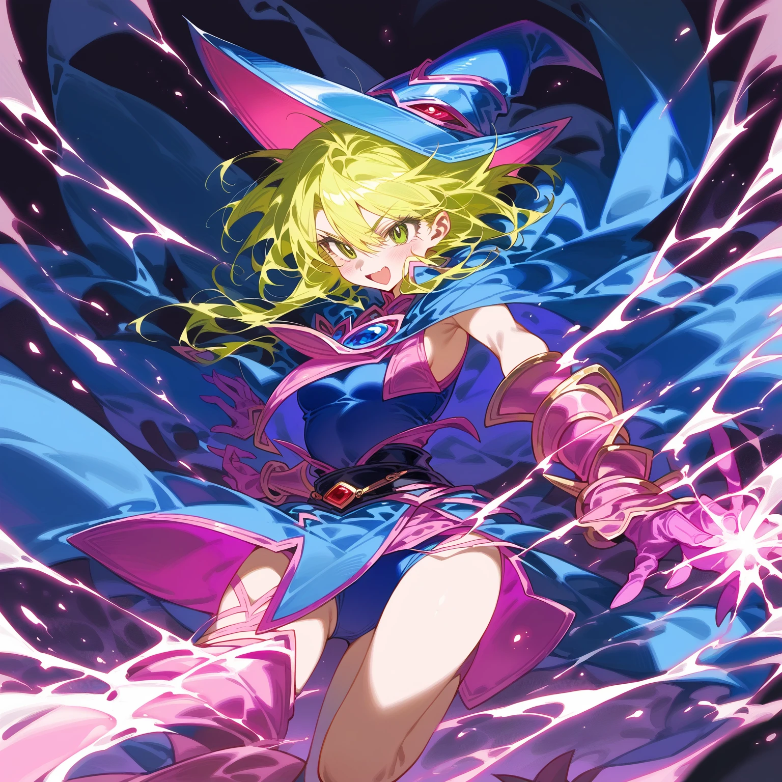 from side, 1girl, look another, solo, anime screen shot, dark magician girl, torn clothes, big breast, tottering, screaming, empty eyes, tearing up, full body, detailed face, defeated, knocked back, full body, energy beam pierce body