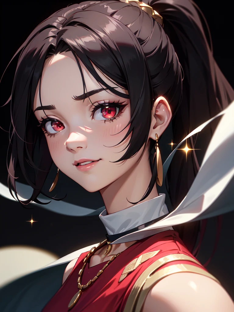 (((Portrait Photo))), She has a Fresh, Youthful 15-Year-Old Appearance, with a Slim, Athletic Build, and a Regal Demeanor. She has Long, Loose Black Hair, Styled in a Slightly Wavy High Ponytail, with Strands Falling Around Her Face. Her Striking Red Eyes Sparkle with Great Energy, Giving Off a Cheerful Expression and Youthful Charm. She is Wearing a Lightweight Culottes in a Pastel Shade, Paired with a Fitted Sleeveless Top, and a Long Chain Necklace for a Chic Day-time Look. (((High Quality, Dark Background))), (((Portrait Photo)))