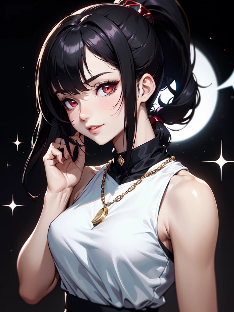 (((Portrait Photo))), She has a Fresh, Youthful 15-Year-Old Appearance, with a Slim, Athletic Build, and a Regal Demeanor. She has Long, Loose Black Hair, Styled in a Slightly Wavy High Ponytail, with Strands Falling Around Her Face. Her Striking Red Eyes Sparkle with Great Energy, Giving Off a Cheerful Expression and Youthful Charm. She is Wearing a Lightweight Culottes in a Pastel Shade, Paired with a Fitted Sleeveless Top, and a Long Chain Necklace for a Chic Day-time Look. (((High Quality, Dark Background))), (((Portrait Photo)))