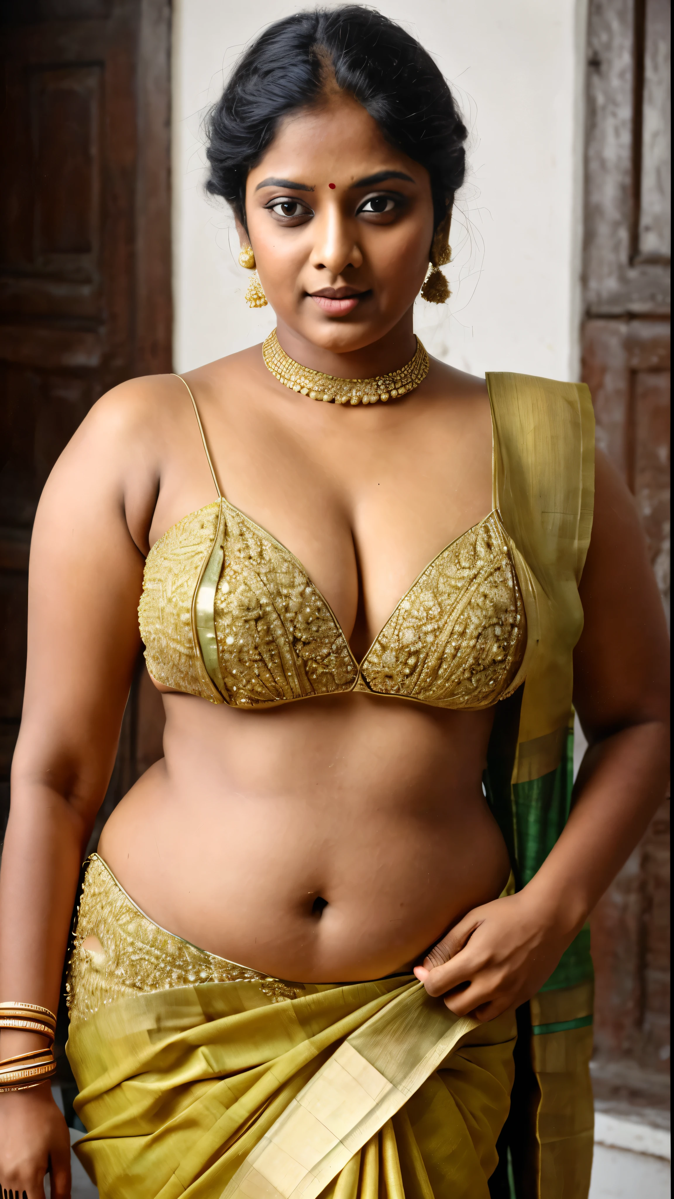 Looks like Indian Actress Ester Noronha, An Extremely gorgeous and beautiful Bengali village woman, 45 yo, pale white skin, sensual appealing body, perfect thick and chubby Beauty, wearing saree bare-chested, wearing a Bengali-style saree without a blouse,, ethnic vintage bengali village woman, bengali style saree, The sari was worn without a blouse and petticoat before the British Raj, baring one's chest or being blouseless, Bengalis a.k.a. Bongs are known for their unique Bengali fashion sense (the way they don that sari makes you go wow), Pre British Raj, Pre colonial era, Bengali Woman draping sari without blouse is a normal thing in pre British Era, bong woman, wearing kajal or kohl or kajol in eyes,
