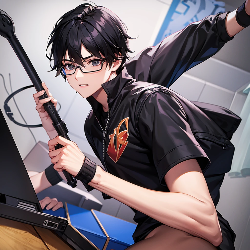 logo of boy playing fun game with hammer as controller wearing glass and black hair portait shot
