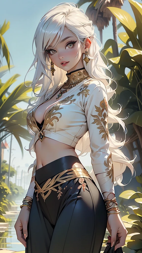 woman,1female,((milf,mom,mature,mature woman,45 years old female,adult)),(large breasts:1.5),saggy breasts,(((white hair:1.4,straight hair,long hair:1.4,colored inner hair))),((yellow_eyes:1.3)),intricate eyes,beautiful detailed eyes,symmetrical eyes,((((dark skin:1.4,lustrous skin:1.5,bright skin: 1.5,skin tanned,shiny skin,very shiny skin,shiny body,illuminated skin)))),(spider lower abdomen,narrow waist,wide hip,bimbo body,inflated legs,thick thighs,delicate detailed fingers),(((detailed face))),

cute,slutty,sensual,seductive look,seductive,((erotic)),opulent,sumptuous,longingly,((nsfw)),

queen,goddess,fantasy,(((ice jewelry,intricate necklace,christmas jewelry,detailed outfit))),cleavage,silver silk,((eyeshadow,elegant makeup,eyelid makeup,gold lips,gold lipstick)),zettai ryouiki,revealing clothing,show skin,cleavage,((underboob))((harem bikini, harem beauty, beautiful alluring,transparent harem pants,((low-rise belly dance pants)),see-through pants)),((intricate harem outfit)),harem accessories,(harem jewelry in her arms),((Transparent cloth:1.1)),(((red clothes,intricate outfit,intricate clothes,embroidered outfit,ornate outfit,embroidered clothes,ornate clothes))),

(dynamic pose:1.0),embarrassed,(centered,scale to fit dimensions,Rule of thirds),

outdoors,(oasis,oasis background),extremely scenery,clouds,Arab style,lily pads,palms,reeds,(sunset, golden hour),scenery:1.25,((intricate scenery)),

(Glossy winter ornaments),highres,sharp focus,(ultra detailed,extremely detailed),(photorealistic artwork:1.37),(extremely detailed CG unity 8k wallpaper),(((vibrant colors,vibrant theme))),(intricate),(masterpiece),(best quality),artistic photography,(photography taken by sldr),(intricate background),perfect rendered face,perfect face details,realistic face,photo realistic,((intricate detail)),(((realism))),
