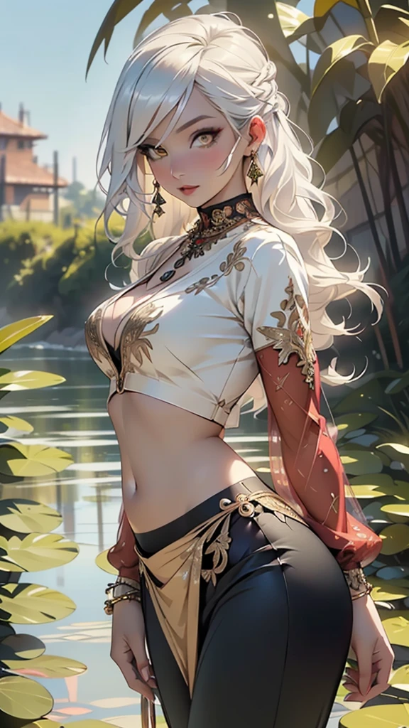 woman,1female,((milf,mom,mature,mature woman,45 years old female,adult)),(large breasts:1.5),saggy breasts,(((white hair:1.4,straight hair,long hair:1.4,colored inner hair))),((yellow_eyes:1.3)),intricate eyes,beautiful detailed eyes,symmetrical eyes,((((dark skin:1.4,lustrous skin:1.5,bright skin: 1.5,skin tanned,shiny skin,very shiny skin,shiny body,illuminated skin)))),(spider lower abdomen,narrow waist,wide hip,bimbo body,inflated legs,thick thighs,delicate detailed fingers),(((detailed face))),

cute,slutty,sensual,seductive look,seductive,((erotic)),opulent,sumptuous,longingly,((nsfw)),

queen,goddess,fantasy,(((ice jewelry,intricate necklace,christmas jewelry,detailed outfit))),cleavage,silver silk,((eyeshadow,elegant makeup,eyelid makeup,gold lips,gold lipstick)),zettai ryouiki,revealing clothing,show skin,cleavage,((underboob))((harem bikini, harem beauty, beautiful alluring,transparent harem pants,((low-rise belly dance pants)),see-through pants)),((intricate harem outfit)),harem accessories,(harem jewelry in her arms),((Transparent cloth:1.1)),(((red clothes,intricate outfit,intricate clothes,embroidered outfit,ornate outfit,embroidered clothes,ornate clothes))),

(dynamic pose:1.0),embarrassed,(centered,scale to fit dimensions,Rule of thirds),

outdoors,(oasis,oasis background),extremely scenery,clouds,Arab style,lily pads,palms,reeds,(sunset, golden hour),scenery:1.25,((intricate scenery)),

(Glossy winter ornaments),highres,sharp focus,(ultra detailed,extremely detailed),(photorealistic artwork:1.37),(extremely detailed CG unity 8k wallpaper),(((vibrant colors,vibrant theme))),(intricate),(masterpiece),(best quality),artistic photography,(photography taken by sldr),(intricate background),perfect rendered face,perfect face details,realistic face,photo realistic,((intricate detail)),(((realism))),
