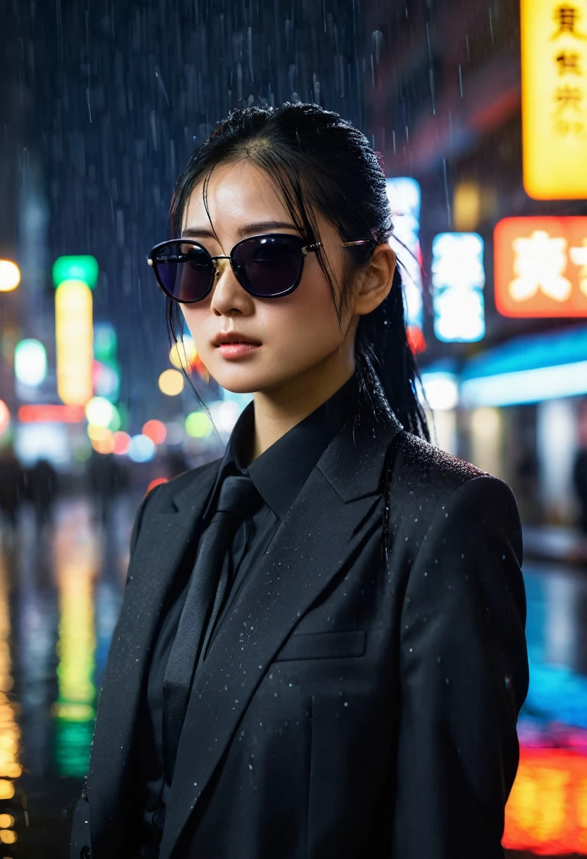 ((Beautiful)), young japanese woman, long black hair tied in a ponytail, wearing a black business suit, wearing dark sunglasses, standing in a neon city at night in heavy rain