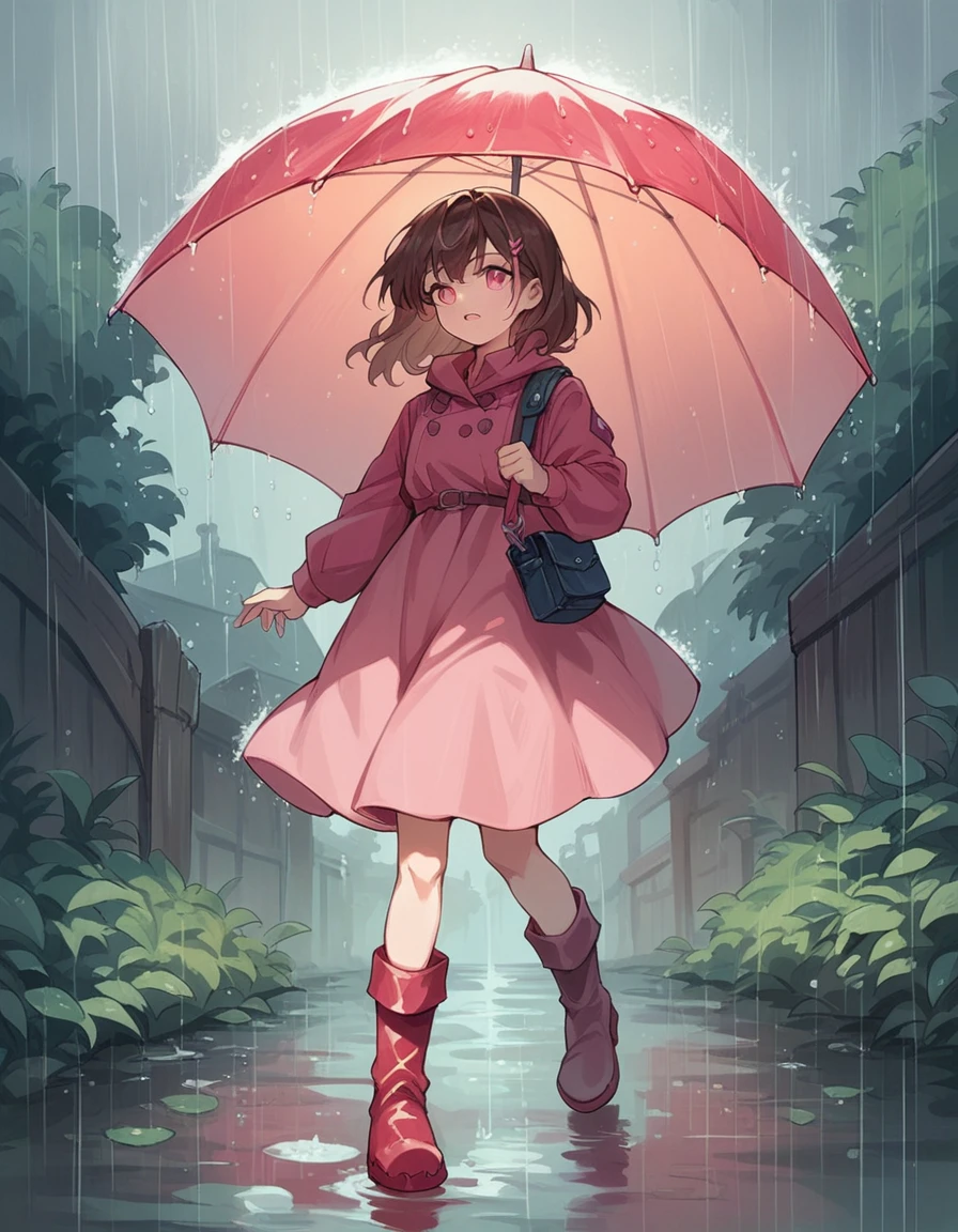 Anime girl pink eyes brown hair pink dress and red rain boots