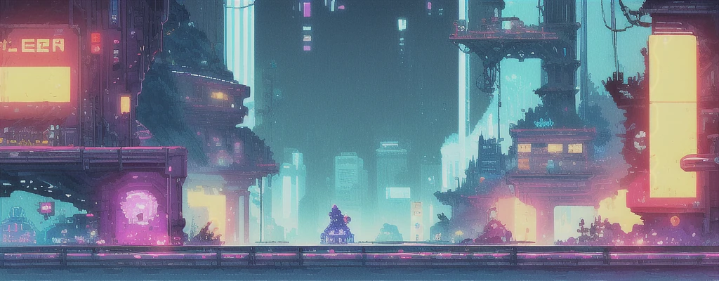 hbyxcj, ficção científica, sem humanos, cenário, cabo, pixel art, futuristic sidescroller game, purple, blue and neon colors, futuristic city in the background with industrial feeling