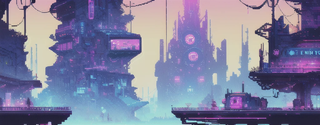 hbyxcj, ficção científica, sem humanos, cenário, cabo, pixel art, futuristic sidescroller game, purple, blue and neon colors, futuristic city in the background with industrial feeling