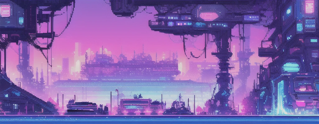 hbyxcj, ficção científica, sem humanos, cenário, cabo, pixel art, futuristic sidescroller game, purple, blue and neon colors, futuristic city in the background with industrial feeling