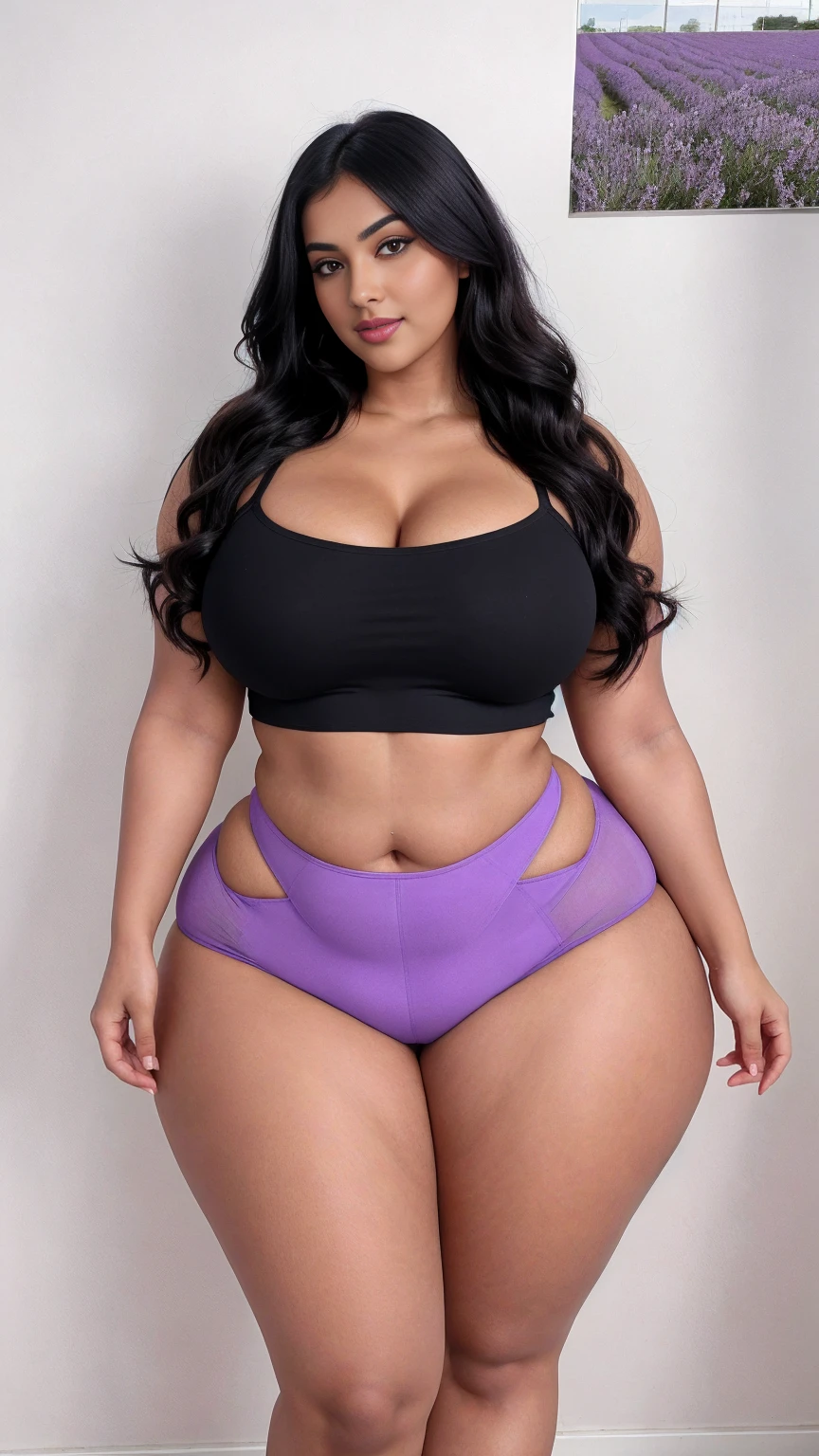 Radhika marchent Indian beautiful woman curvy plus size hour glass bulky huge figure woman, closeup camera view, big huge m-cup breast, wearing SHEIN Teen Girl Letter Graphic Cami Top & Shorts & Mesh Top Color: Multicolor , covered Bust , elegant standing position, eye contact view, different style hairstyle, bright eyes, thin eyebrows, fair skin, blushing cheeks, prefect head to toe view, full body, ideal for high-fashion or editorial shoots, ultra realistic skin texture, head to toe view, full body shot, full body view, smile face, black hair, Indian face, perfect skin tone light, ultra realistic skin texture, bigger waist, busty, big hips, fleshy thighs, thick thighs, busty, full body view, Lavender Field: Endless rows of fragrant lavender flowers.