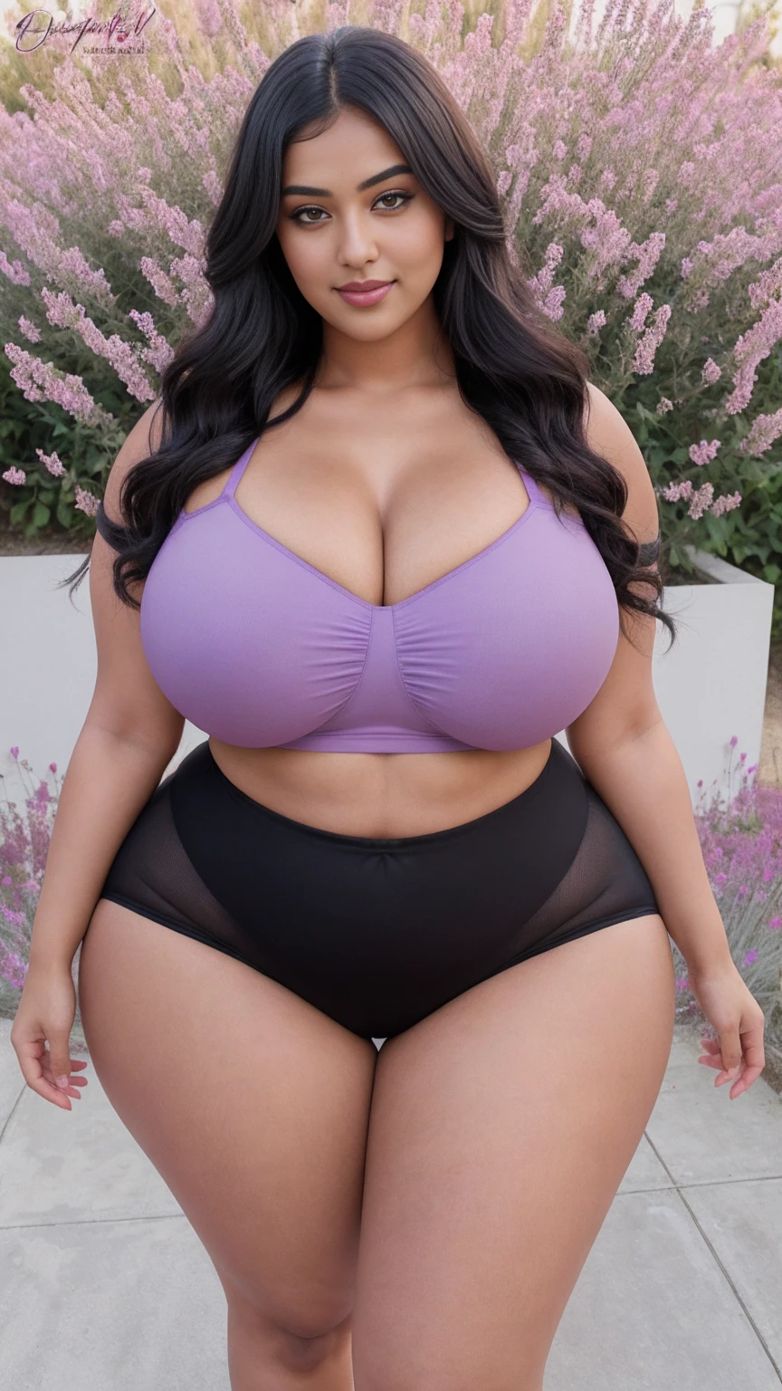 Radhika marchent Indian beautiful woman curvy plus size hour glass bulky huge figure woman, closeup camera view, big huge m-cup breast, wearing SHEIN Teen Girl Letter Graphic Cami Top & Shorts & Mesh Top Color: Multicolor , covered Bust , elegant standing position, eye contact view, different style hairstyle, bright eyes, thin eyebrows, fair skin, blushing cheeks, prefect head to toe view, full body, ideal for high-fashion or editorial shoots, ultra realistic skin texture, head to toe view, full body shot, full body view, smile face, black hair, Indian face, perfect skin tone light, ultra realistic skin texture, bigger waist, busty, big hips, fleshy thighs, thick thighs, busty, full body view, Lavender Field: Endless rows of fragrant lavender flowers.

