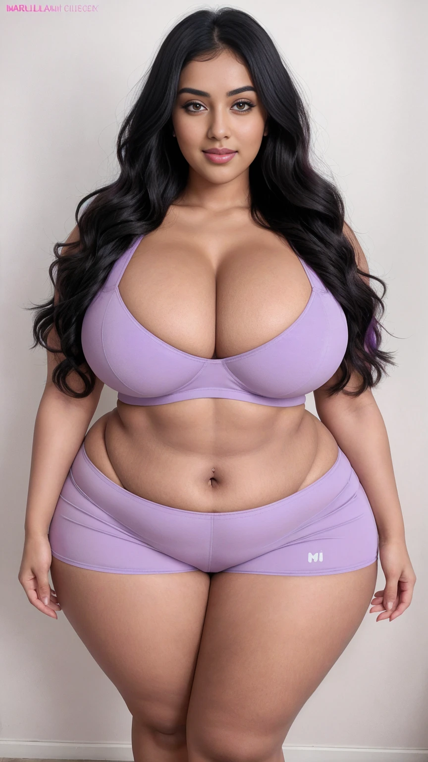 Radhika marchent Indian beautiful woman curvy plus size hour glass bulky huge figure woman, closeup camera view, big huge m-cup breast, wearing SHEIN Girl Letter Graphic Cami Top & Shorts & Mesh Top Color: Multicolor , covered Bust , elegant standing position, eye contact view, different style hairstyle, bright eyes, thin eyebrows, fair skin, blushing cheeks, prefect head to toe view, full body, ideal for high-fashion or editorial shoots, ultra realistic skin texture, head to toe view, full body shot, full body view, smile face, black hair, Indian face, perfect skin tone light, ultra realistic skin texture, bigger waist, busty, big hips, fleshy thighs, thick thighs, busty, full body view, Lavender Field: Endless rows of fragrant lavender flowers.