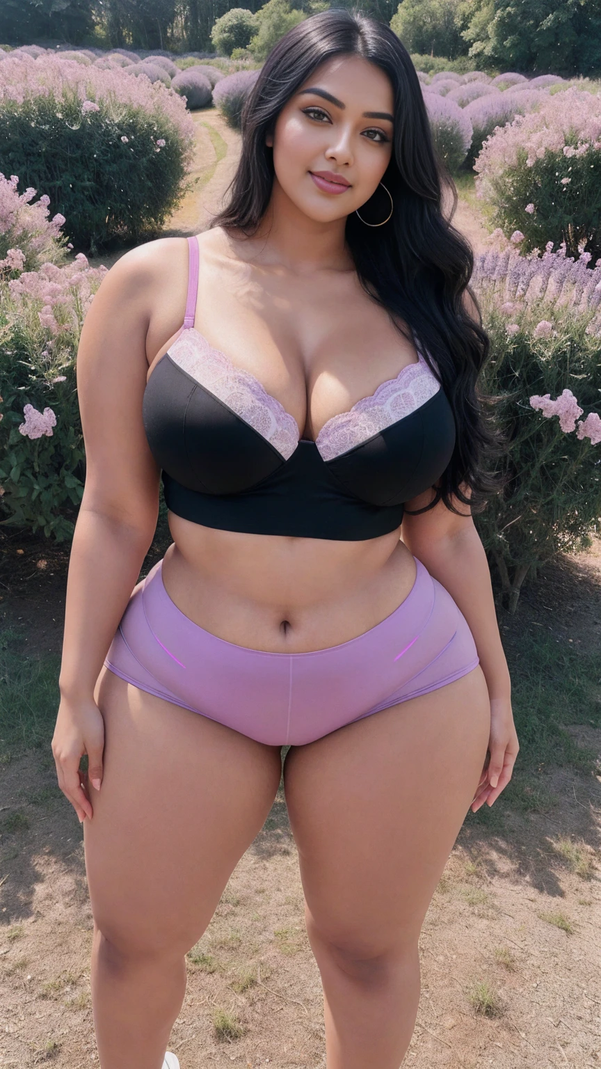 Radhika marchent Indian beautiful woman curvy plus size hour glass bulky huge figure woman, closeup camera view, big huge m-cup breast, wearing SHEIN Teen Girl Letter Graphic Cami Top & Shorts & Mesh Top Color: Multicolor , covered Bust , elegant standing position, eye contact view, different style hairstyle, bright eyes, thin eyebrows, fair skin, blushing cheeks, prefect head to toe view, full body, ideal for high-fashion or editorial shoots, ultra realistic skin texture, head to toe view, full body shot, full body view, smile face, black hair, Indian face, perfect skin tone light, ultra realistic skin texture, bigger waist, busty, big hips, fleshy thighs, thick thighs, busty, full body view, Lavender Field: Endless rows of fragrant lavender flowers.

