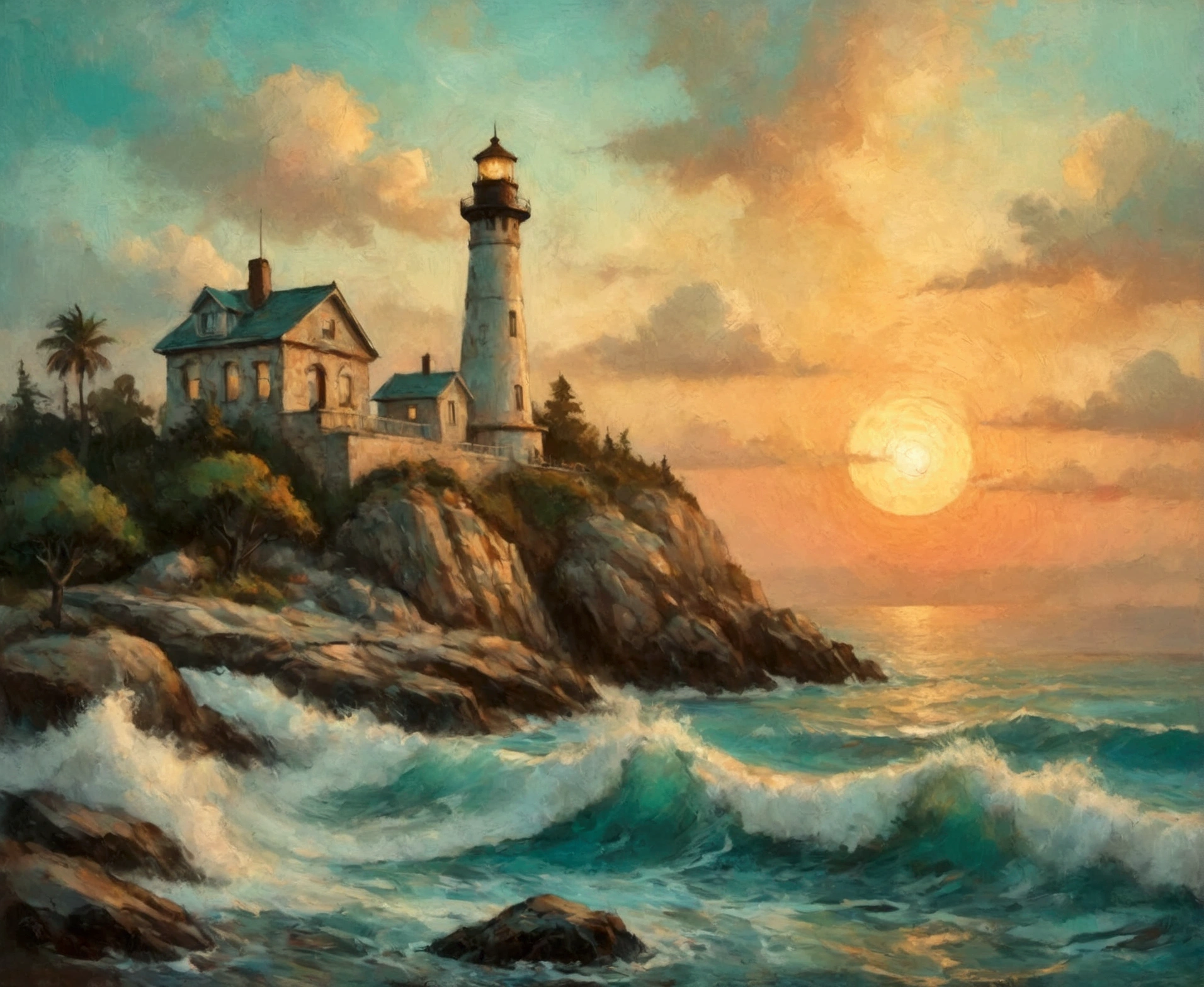 a thick textured oil painting, impasto brushstrokes, dry brushing,revealing underlayers, breathtaking composition, Create an art deco inspired illustration of A scenic lighthouse perched on a rocky coastline, overlooking the turquoise waters of sunset. Include vibrant pastel colors, sleek lines, and a retro summer atmosphere. The style should be reminiscent of vintage travel posters with a modern twist, breathtaking composition, wall art decor