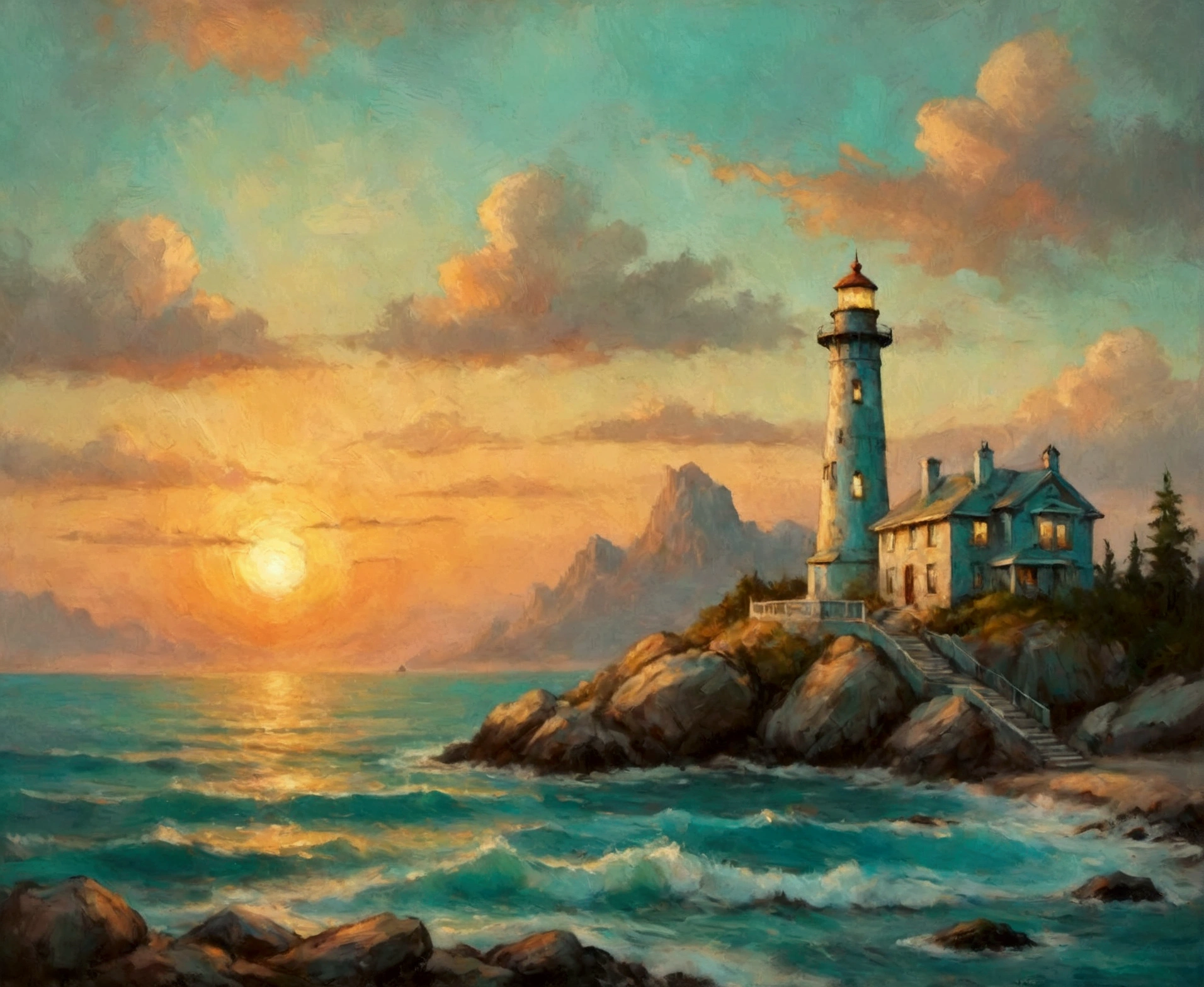 a thick textured oil painting, impasto brushstrokes, dry brushing,revealing underlayers, breathtaking composition, Create an art deco inspired illustration of A scenic lighthouse perched on a rocky coastline, overlooking the turquoise waters of sunset. Include vibrant pastel colors, sleek lines, and a retro summer atmosphere. The style should be reminiscent of vintage travel posters with a modern twist,  breathtaking composition, wall art decor