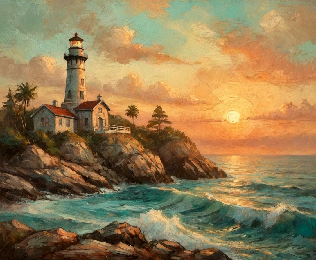 a thick textured oil painting, impasto brushstrokes, dry brushing,revealing underlayers, breathtaking composition, Create an art deco inspired illustration of A scenic lighthouse perched on a rocky coastline, overlooking the turquoise waters of sunset. Include vibrant pastel colors, sleek lines, and a retro summer atmosphere. The style should be reminiscent of vintage travel posters with a modern twist, breathtaking composition, wall art decor