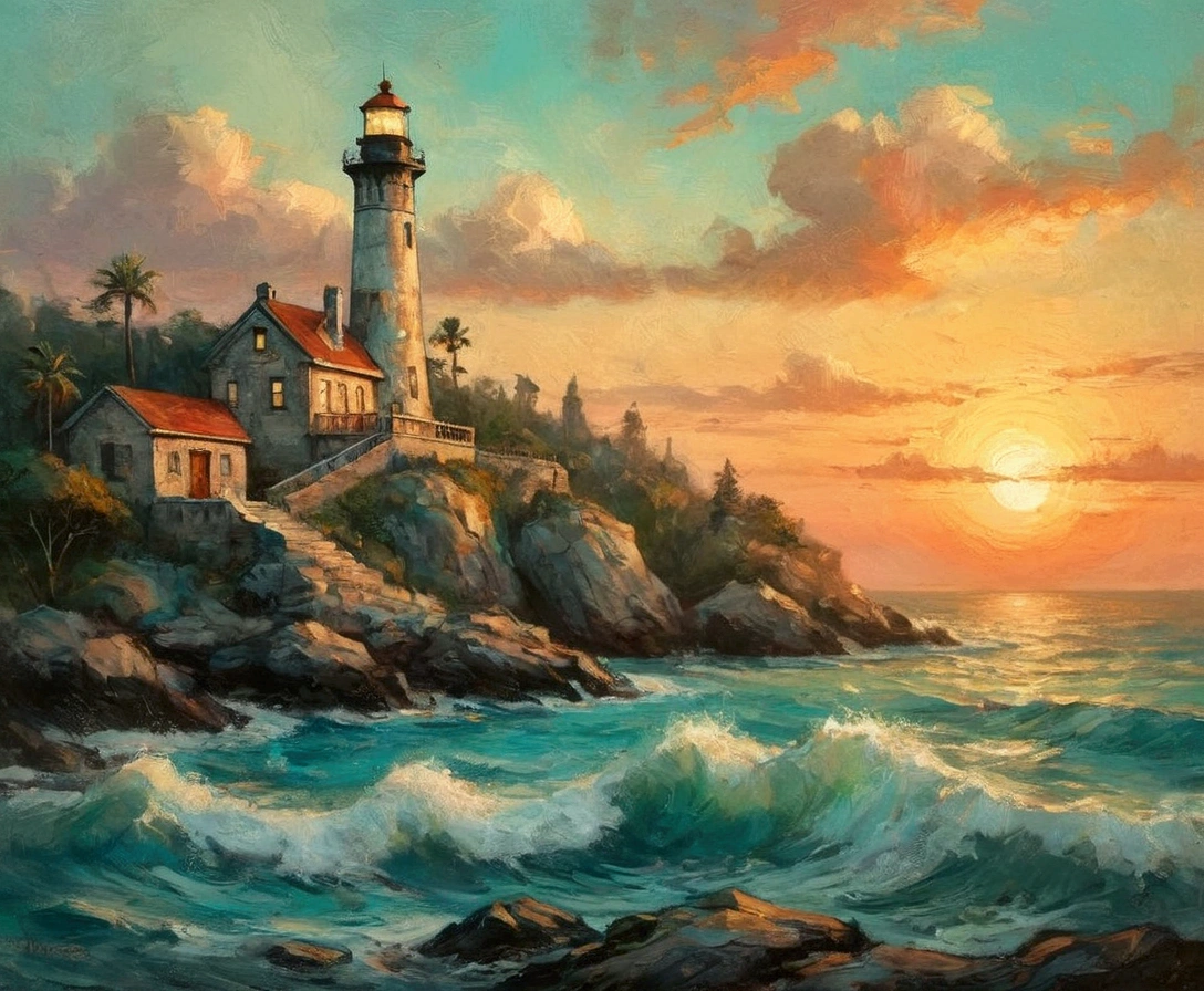 a thick textured oil painting, impasto brushstrokes, dry brushing,revealing underlayers, breathtaking composition, Create an art deco inspired illustration of A scenic lighthouse perched on a rocky coastline, overlooking the turquoise waters of sunset. Include vibrant pastel colors, sleek lines, and a retro summer atmosphere. The style should be reminiscent of vintage travel posters with a modern twist, breathtaking composition, wall art decor
