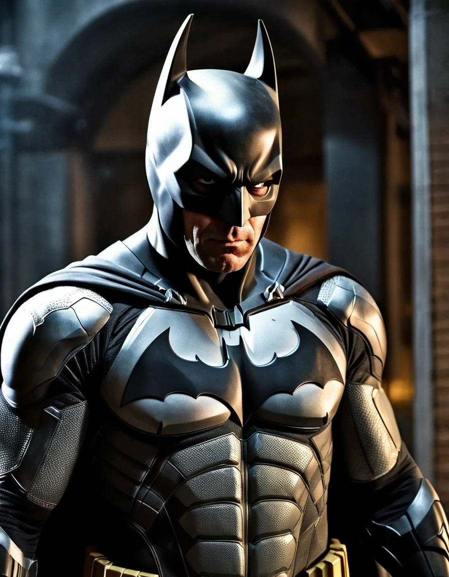A highly detailed and photorealistic portrait of Bruce Willis as Batman, wearing a realistic and meticulously designed Batman suit, standing in a dark, moody and atmospheric Gotham City environment, with dramatic lighting and shadows, cinematic composition, intricate costume details, muscular physique, intense gaze, and a brooding, heroic presence.