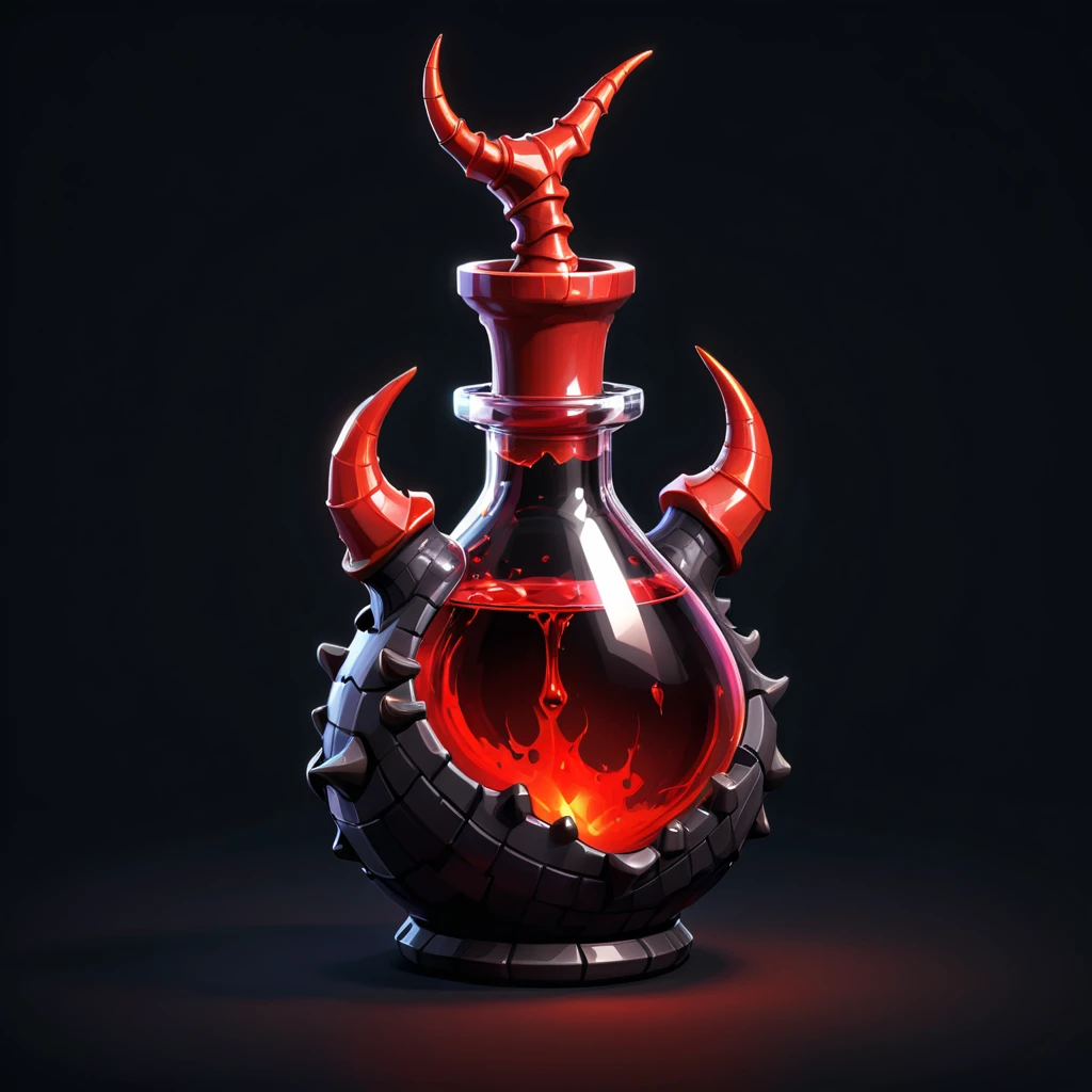 pixel art, simple black background, game icon, horn shaped red potion, health potion