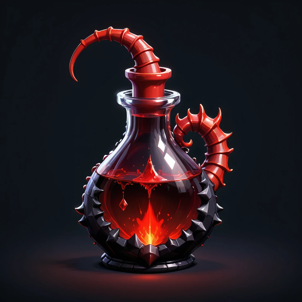 pixel art, simple black background, game icon, horn shaped red potion, health potion