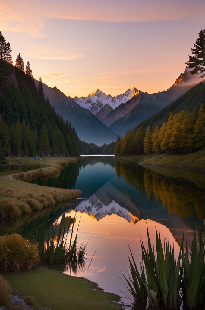 mountains are reflected in a lake at sunset with a pink sky, new zealand landscape, new zealand, golden bay new zealand, mountains and lakes, lakeside mountains, new zeeland, setting in nature, incredibly beautiful, by James Ardern Grant, natural reflections, lake filed with molten gold, middle earth landscape, reflection, majestic nature scenery, image full of reflections