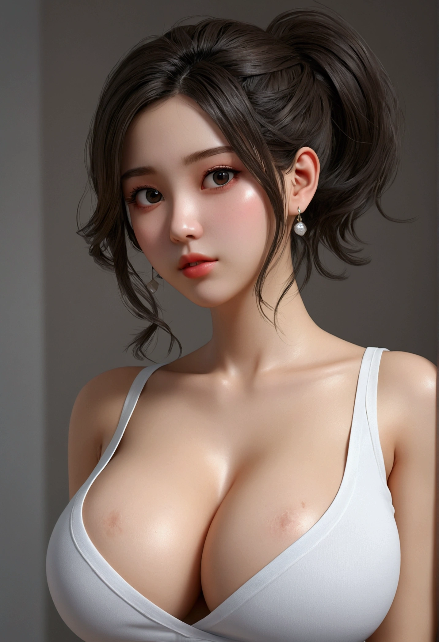 8K, of the highest quality, masutepiece:1.2), (Realistic, Photorealsitic:1.37), of the highest quality, masutepiece, Beautiful young woman, Pensive expression,、A charming、and an inviting look, Cute Maid Clothes, Hair tied back, Cinematic background, Light skin tone, visible nipples、Completely naked