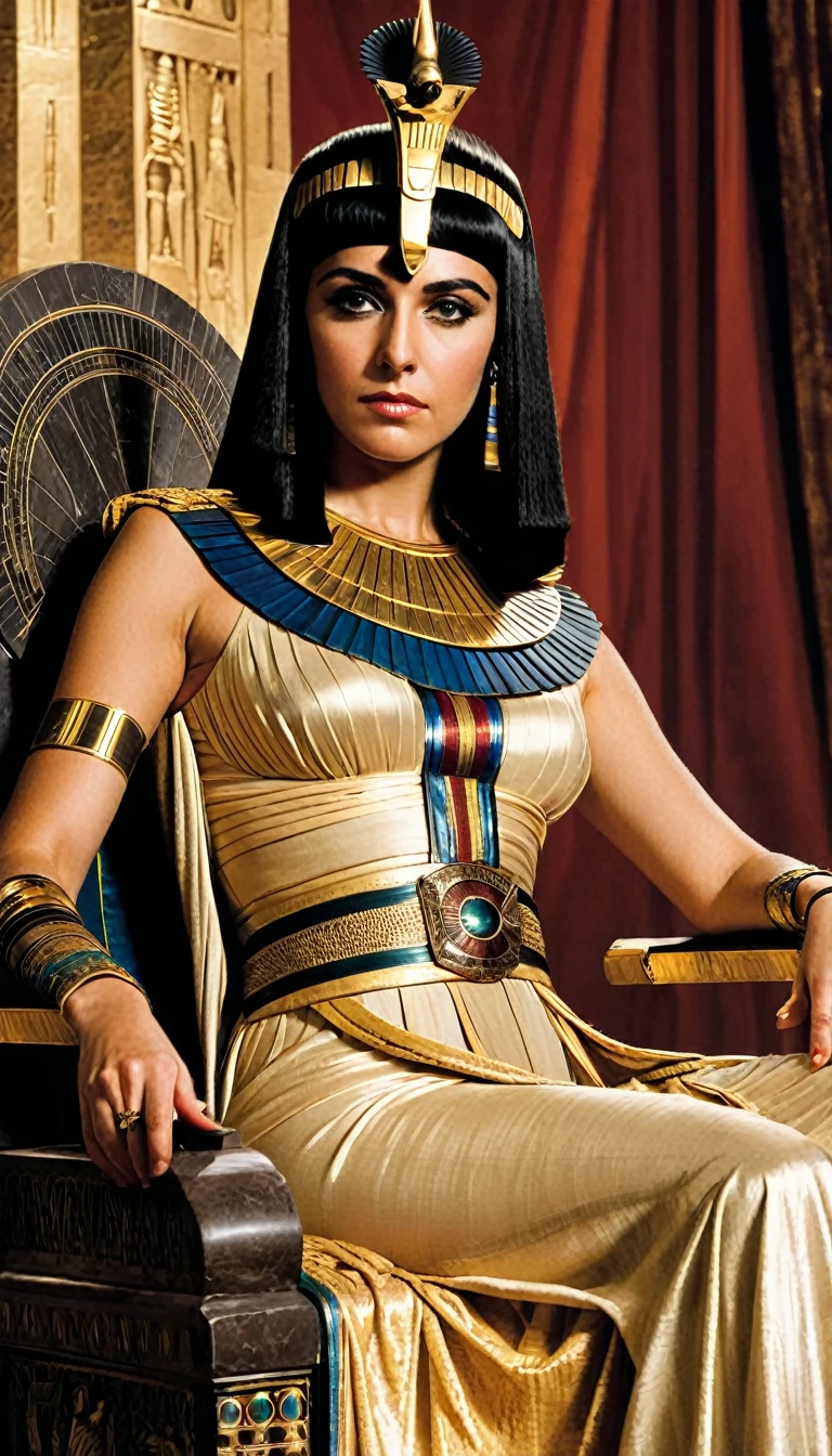 Description: Cleopatra sitting on her throne, with an ambitious and determined look, holding a scepter.