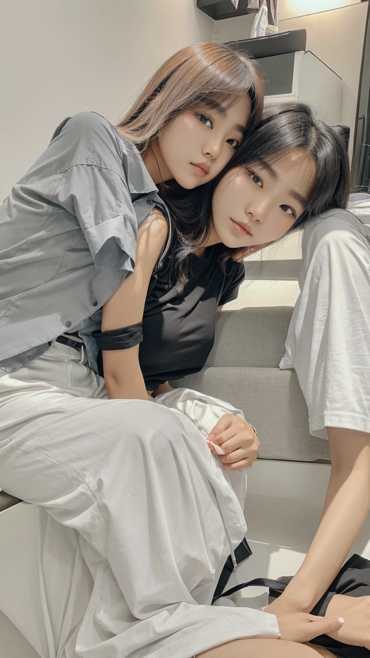 Change my shirt into black atractive shirt
The beautiful Korean girl sitting beside me, resting her hand on my shoulder.