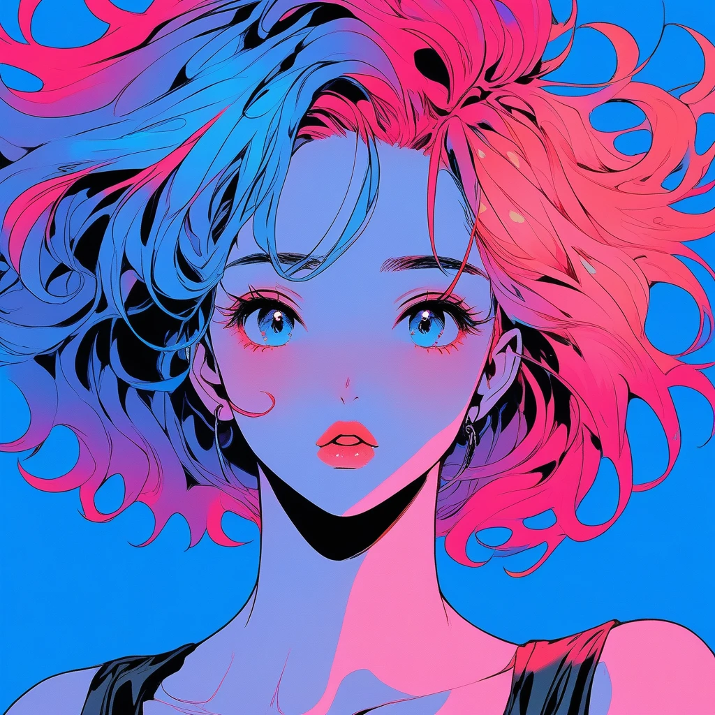 Illustrator, Anime , Realistic ,sketch , 1girl in, ,lip, order, Blue gradient background, Neon Hair,textured crop, Canadian, (masutepiece,Best Quality)