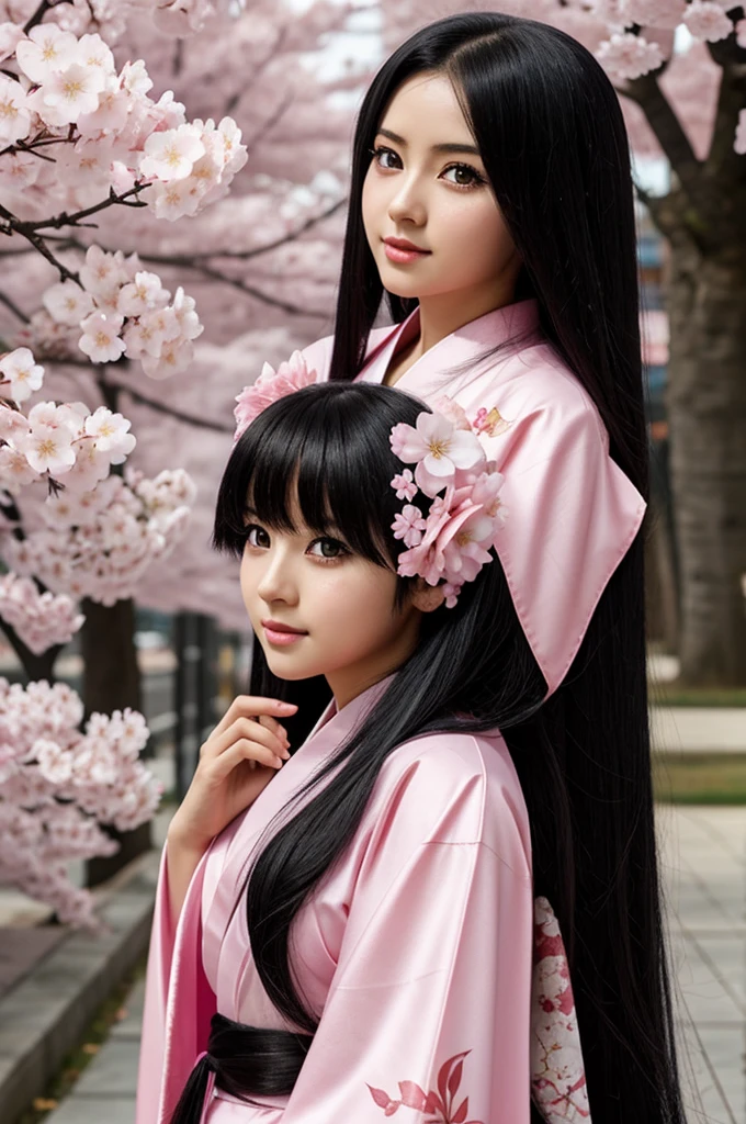 Long black hair, pink eyes, cherry blossom pink kimono, anime girl
